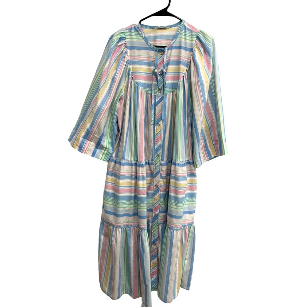 Vintage 80s Models Coat Button Front Striped Pastel Dress Cover Up